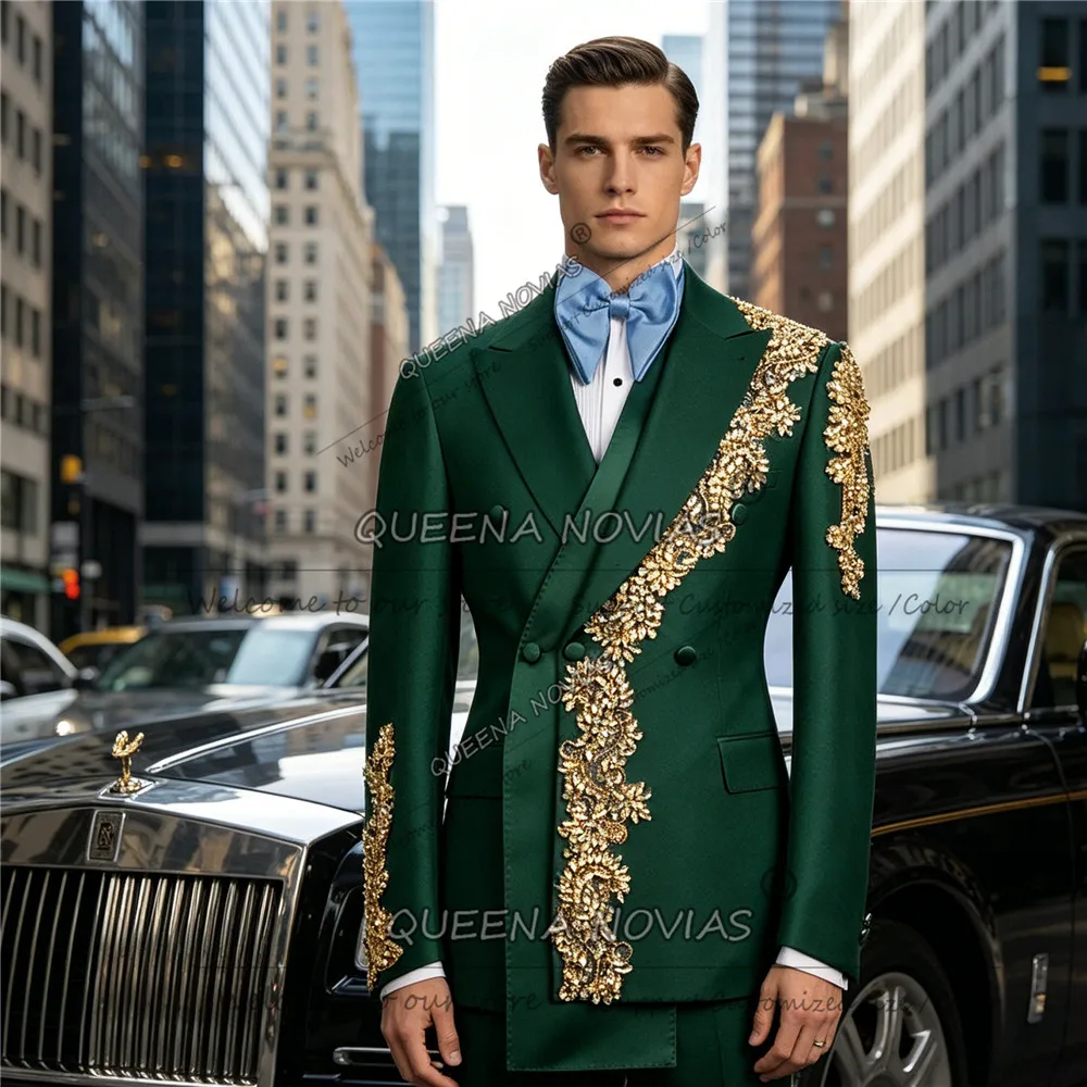 Exclusive Wedding Suits For Man Gold Diamond Beaded Jacket Pants 2 Piece Sets Groom Tuxedos Customized Man Business Party Outfit