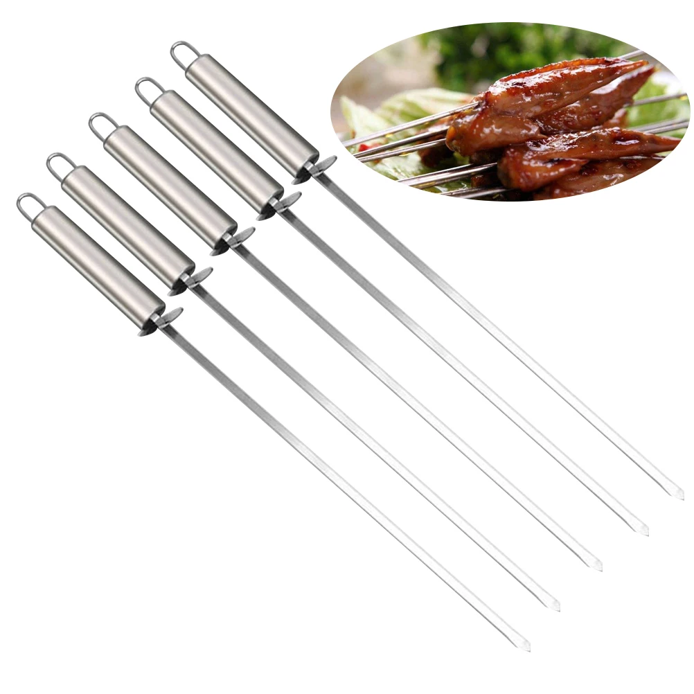 

10pcs BBQ Skewers Stainless Steel Heat-proof Handle Reusable Camping Grilling Tool Outdoor Picnic Hiking Kitchen Barbecue Sticks