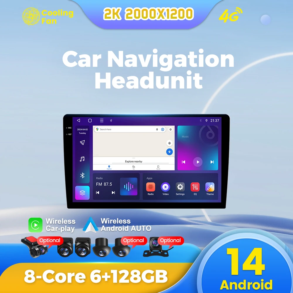 2K QLED Screen Universal Android 14 Car Radio Stereo Carplay Auto WIFI GPS Car Multimedia Video Player For Nissan Toyota Kia BMW