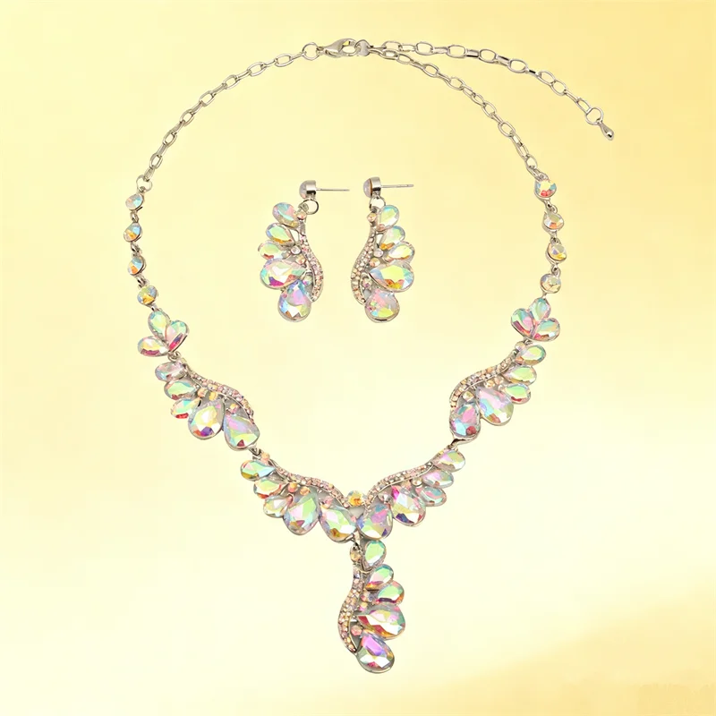 Crystal AB Color Pendant Necklace Earrings Set for Women Bridal Wedding Party Jewelry Rhinestone Choker Collar Fashion Gifts