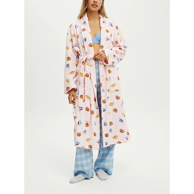 

HEZIOWYUN Women Striped Shawl Robe Thick Plush Fleece Nightgown BathRobe With Belt Long Sleeve Graphic Bathrobe With Pockets