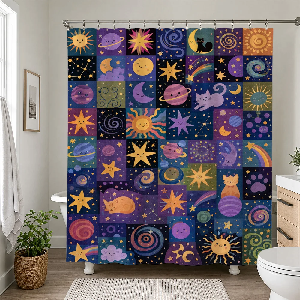 Nursery Bathroom Shower Curtain Galaxy Stars Planets Cute Kids Room Decor Bohemian Celestial Pattern