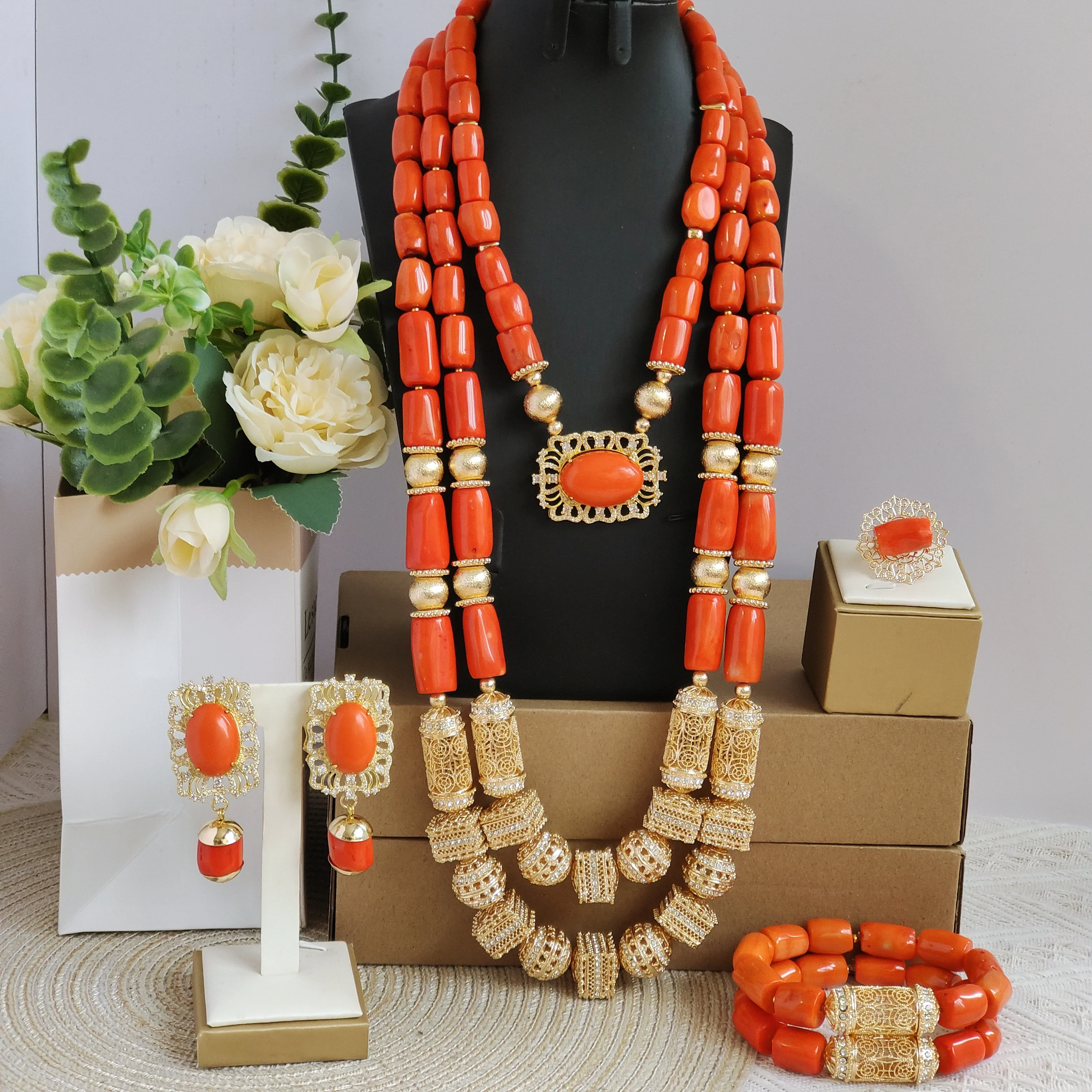 

Aczuv real orange nigerian coral bead jewelry set wedding luxury