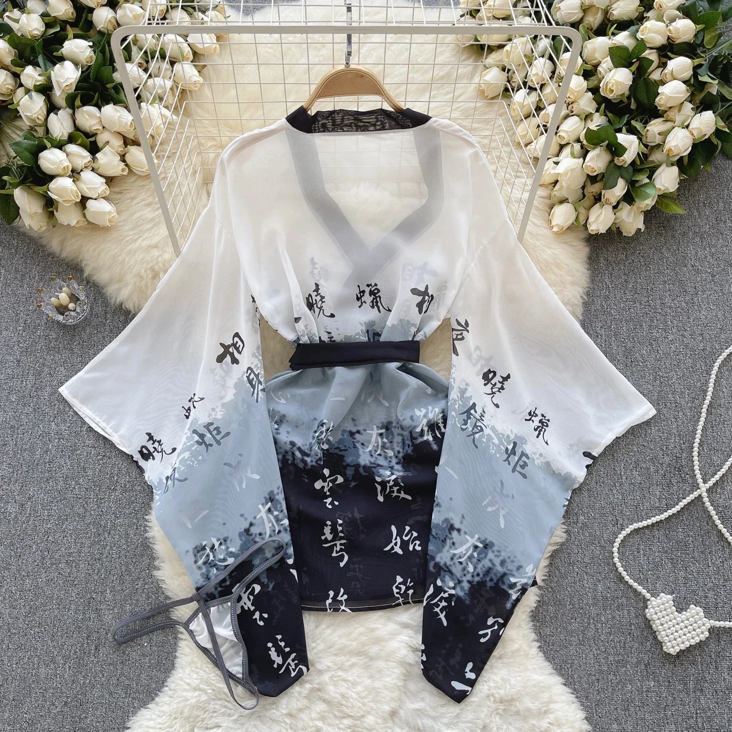 Sexy Japanese Kimono Print Slightly Transparent One Piece Bathrobe Women Sleepwear Loose Sleeve Causal Pijamas Robe Gown Sets image 2