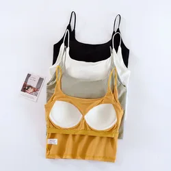 Women One Piece U-Neck Crop Top With Chest Pad Sleeveless Spaghetti Strap Casual Camisole With Built In Bra