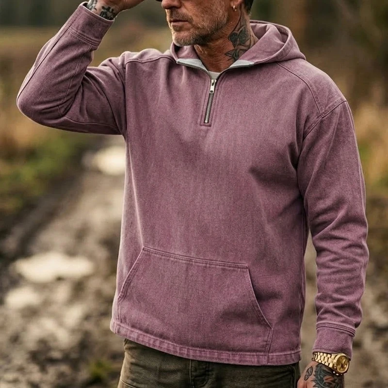 Vintage Men Denim Hoodie Polo Shirts 2026 Spring Autumn Solid Color Half Zip Daily Casual Mens Trendy Sports Tops For Men