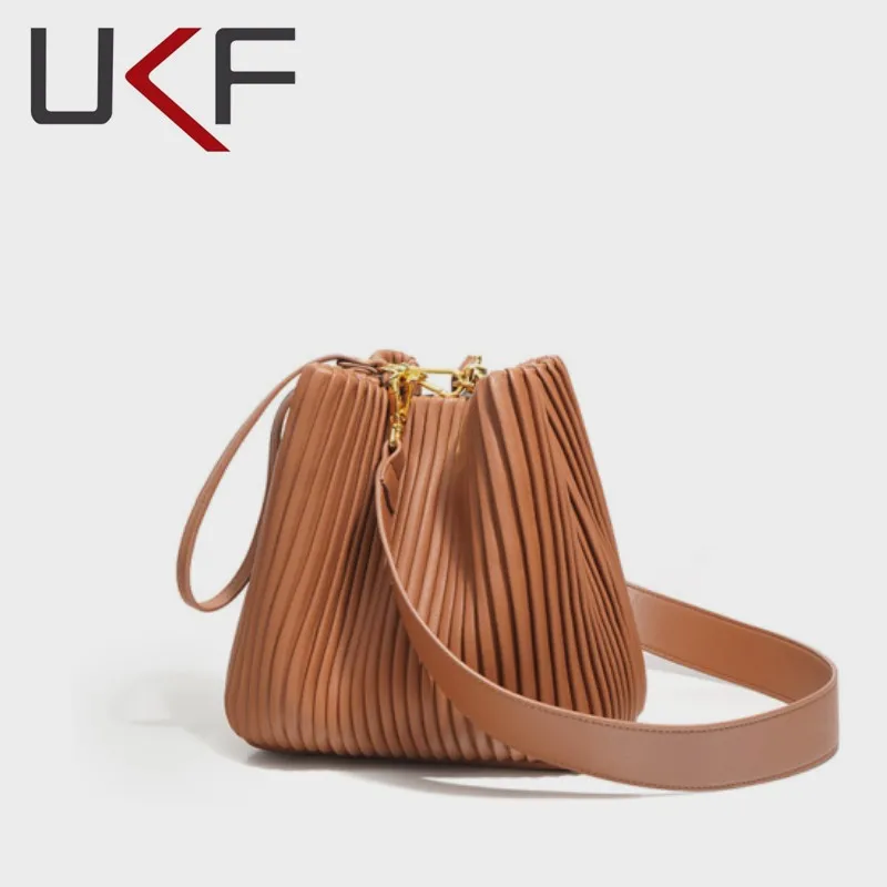 UKF Ruched Bucket Bags for Women Luxury Women\'s Handbags Fashion Casual Shoulder Crossbody Bag Drawstring Design Flap Tote Bag