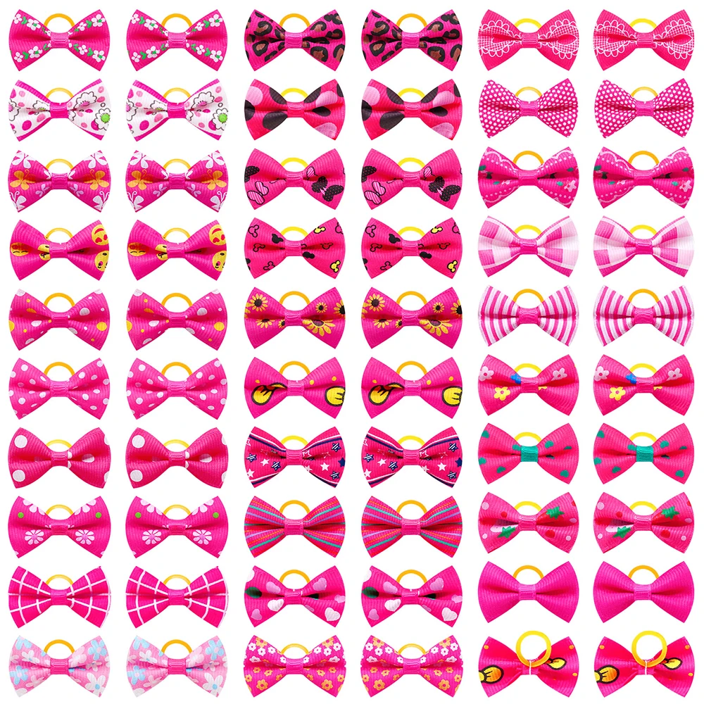 30pcs Pink Small Pet Dog Hair Bows Dogs Bowknot Grooming Small Doggy Hair Bows with Rubber Bands Pet Dog Bows Supplies Wholesale