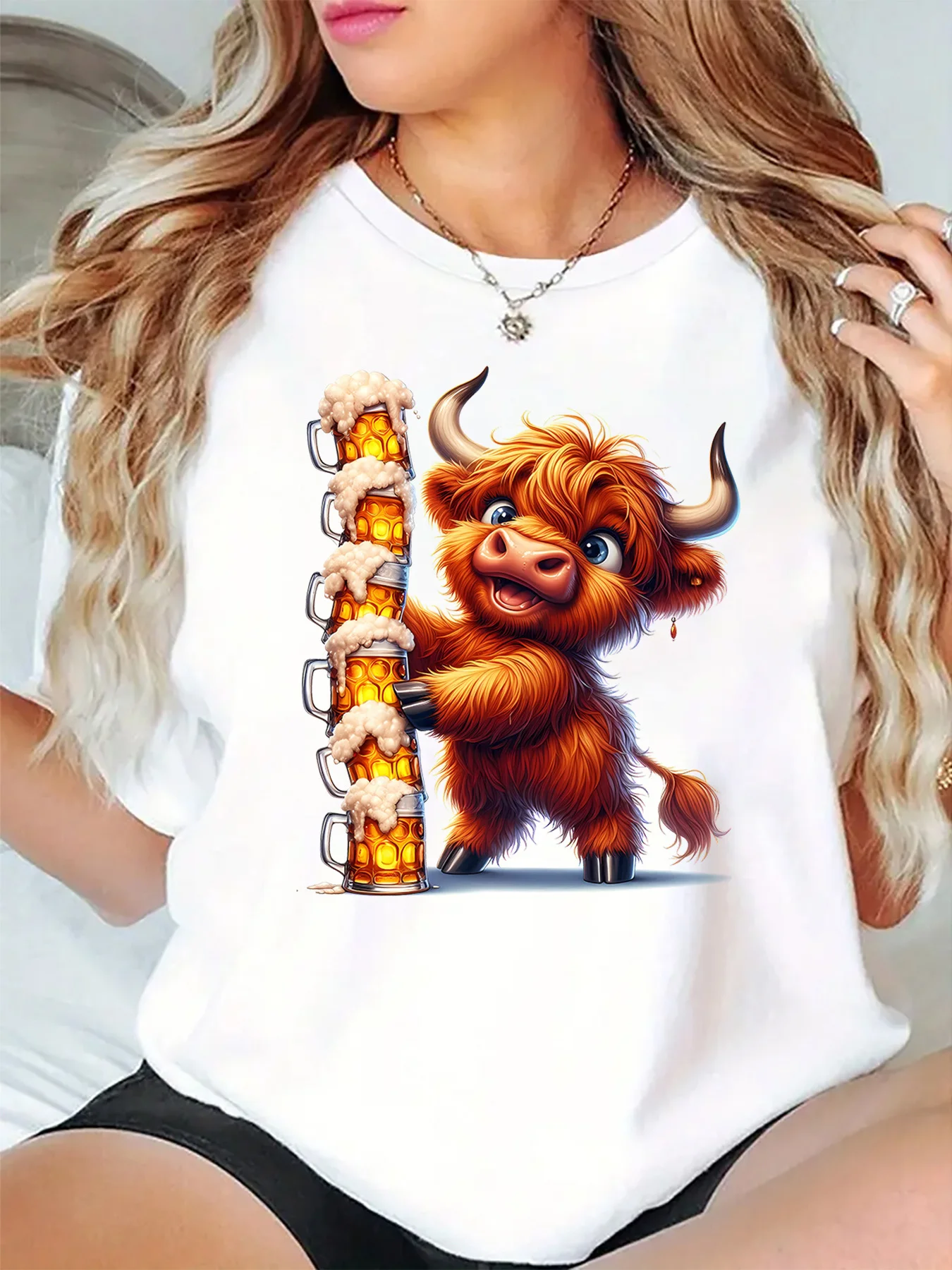 Cute Fluffy Highland Cow With Stacked Foamy Beer Mugs Art Print Graphic Ladies T Shirt Short Sleeve Crew Neck Casual Tee Tops