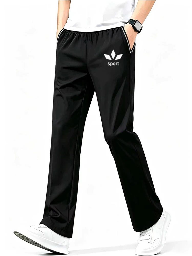 Men Three Leaf Sport Logo Print Ice Silk Straight Track Pants Elastic Waist Loose Wide Leg Sports Trousers Lightweight Breathabl