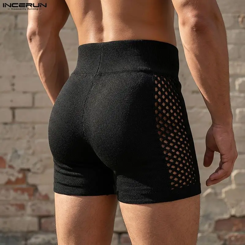 INCERUN Herren-Shorts mit Netzstoff-Patchwork, hohle Ausführung, hohe Taille, Sommer-Herrenhose, sexy, elastische Taille, durchsichtige, modische Shorts für Männer