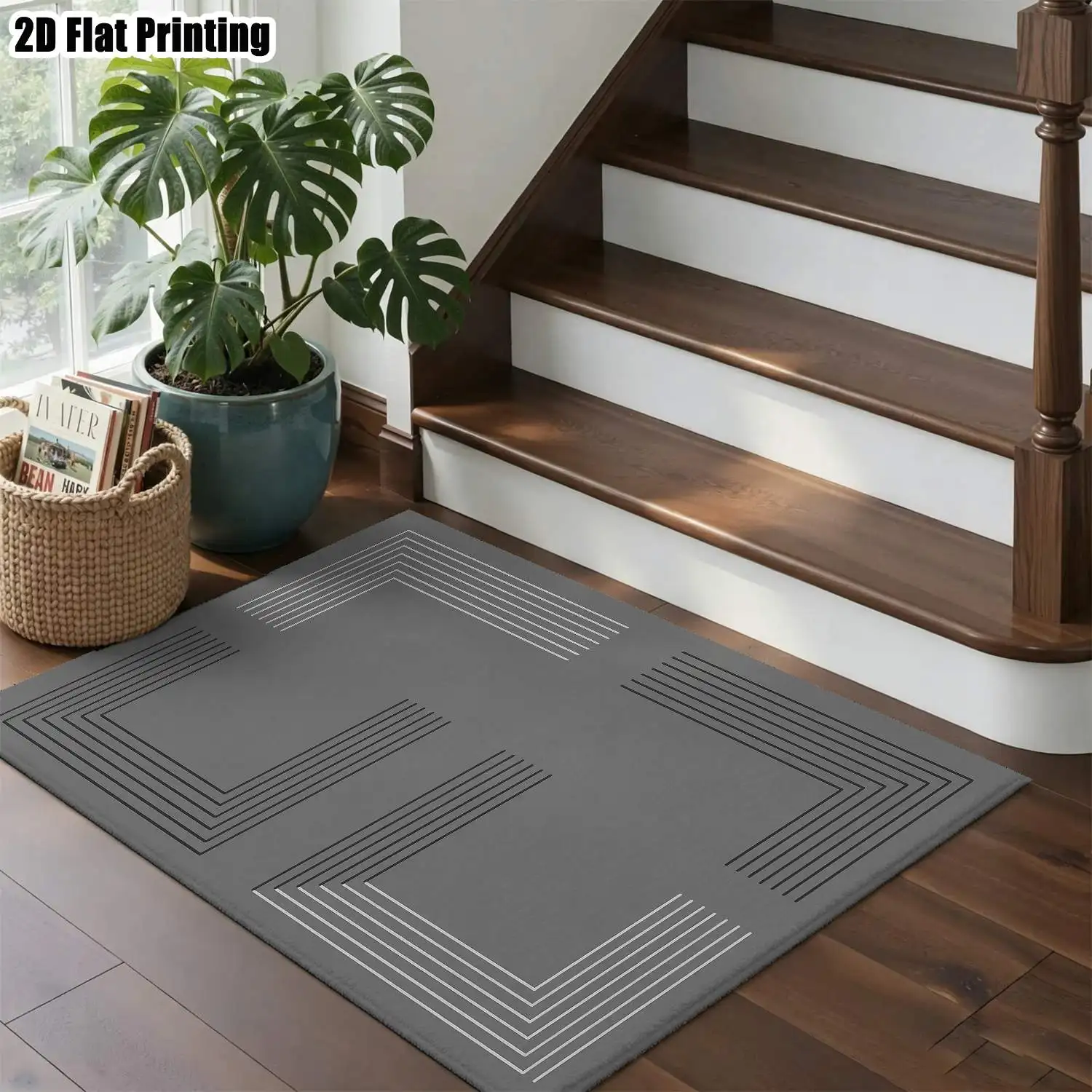 1Pc 2D Printed Nordic/Instagram Style Geometric Striped Carpet, Gray Base with Black and White Lines, Machine Washable Multi-Size Home Decor Mat for Entryway, Dining Room, Living Room, Bedroom