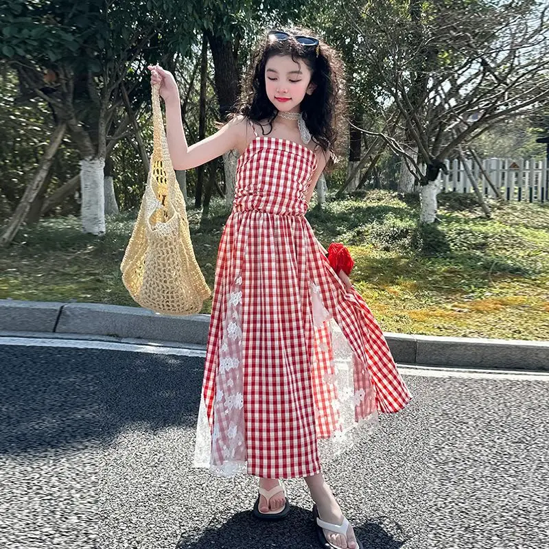 

Fashion Slim Design Kids Vestidos Trend Children Clothes Sweet Plaid Long Dress Girls Elegant Lace Patchwork Halter Dress