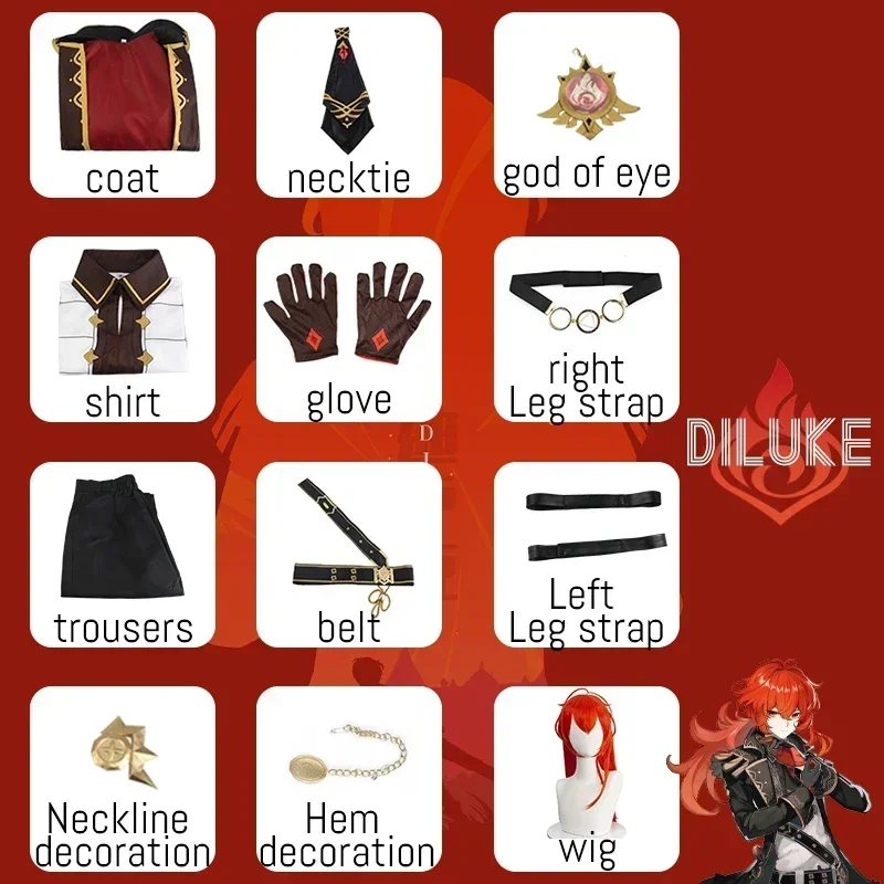 Genshin Impact Diluke Cosplay Costume Uniform Wig Anime Halloween High-quality for Costumes Game Men
