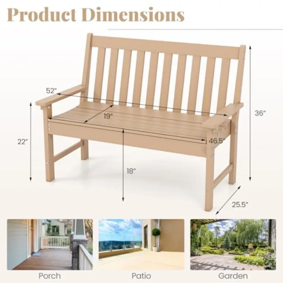 2-Person Patio Outdoor Bench - 52'' All-Weather HDPE Garden Bench with Armrests and Slatted Backrest, Patio Bench for Front Por