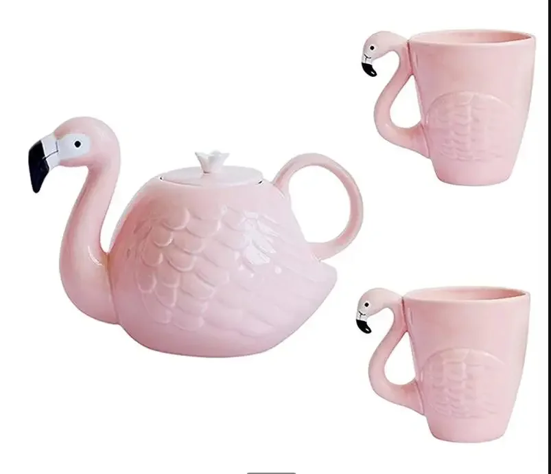 

Набор чайников с фламинго, керамический с ручкой, милая чашка с изображением животных, розовый фарфоровый чайник, чайная посуда, инструменты для питья