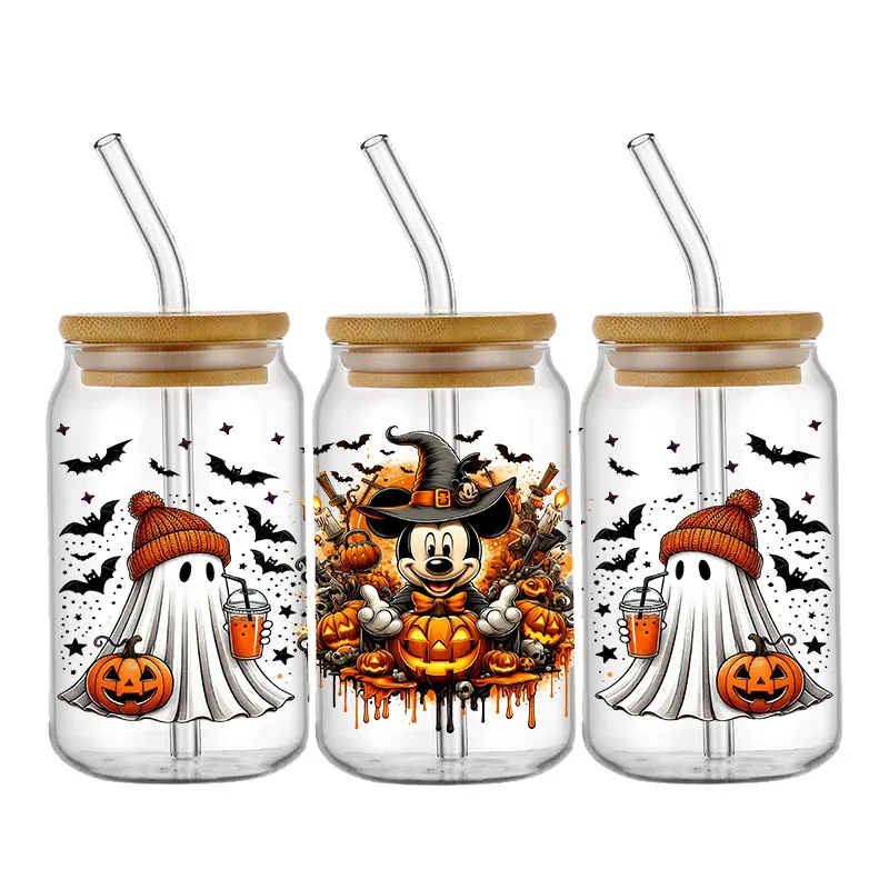 Disney Halloween Mickey Minnie Dessie UV DTF Cup Wraps, pegatina de transferencia para botella de vidrio de 16OZ, lavable, personalizado