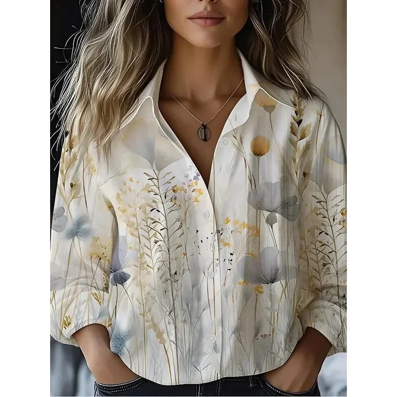 Women's Floral Graphic Shirt Elegant Casual Long Sleeve Collared Regular Tops Buttons for Daily Going Out