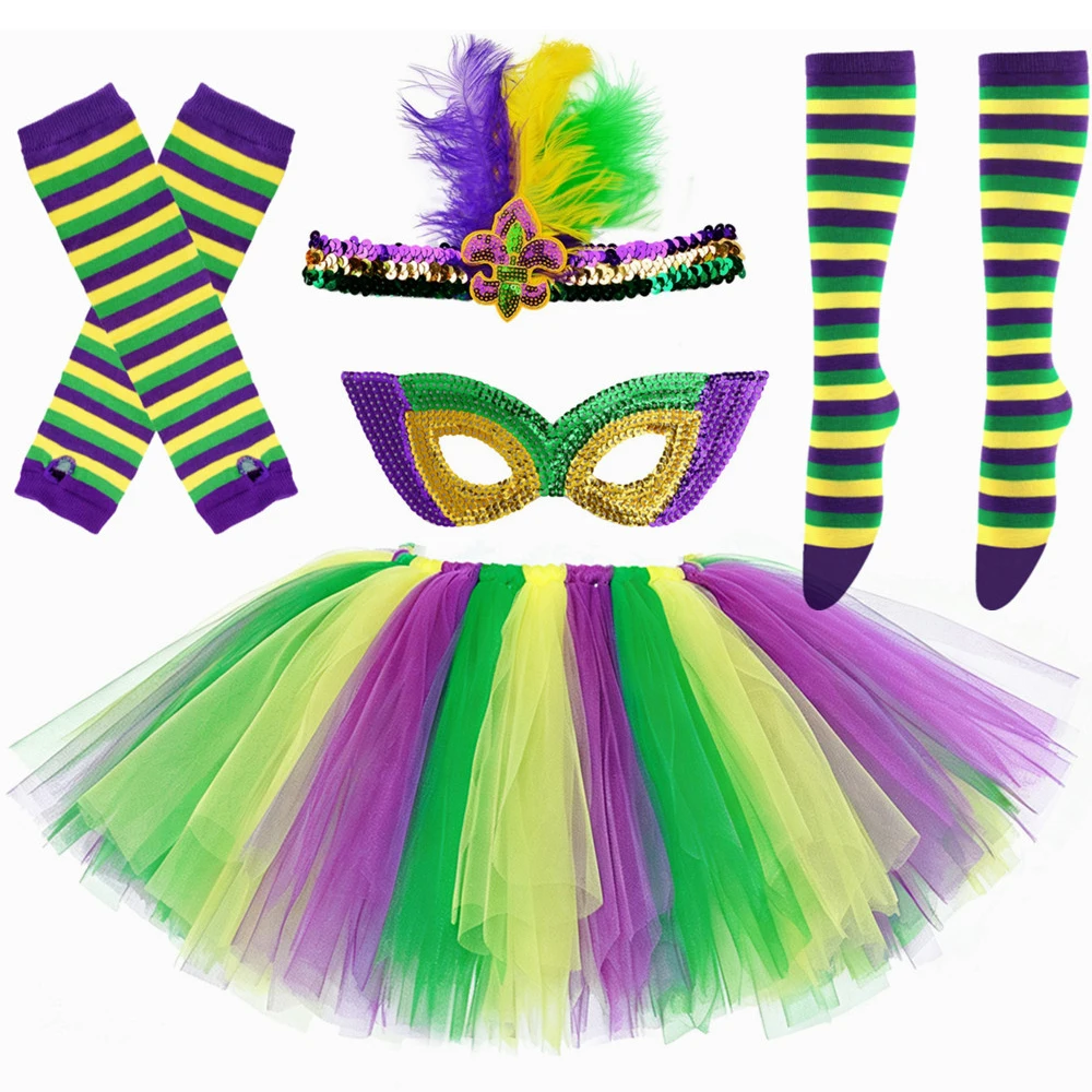 Mardi Gras Costume Outfit for Girls Layers Tulle Tutu Skirt Toddler Kids Festive Holiday Carnival Masquerade Tutus Dress Up Set