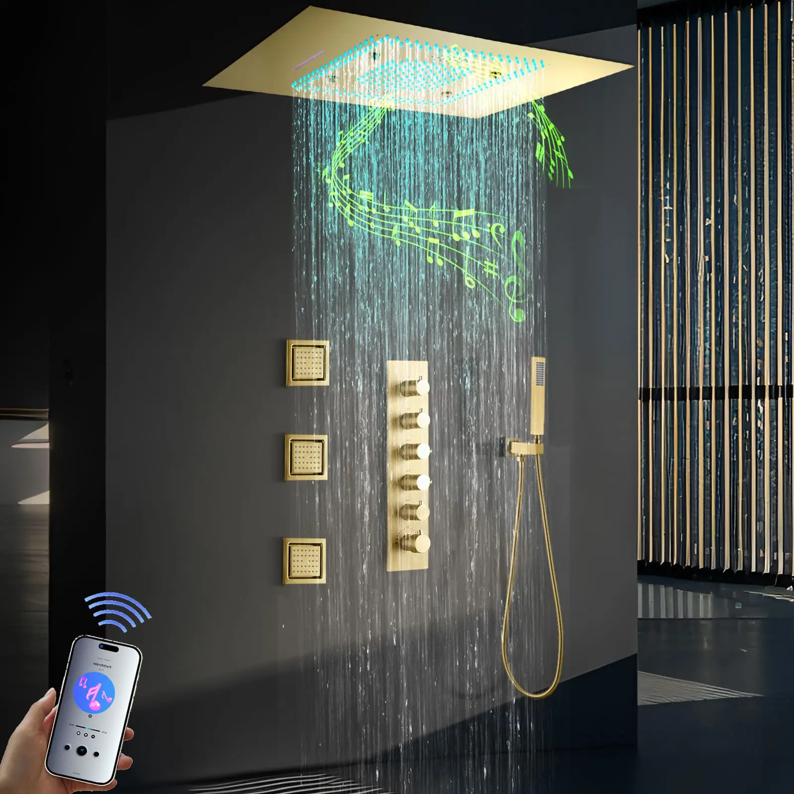 Thermostatic 5 Function Brass Bathroom shower faucet 32*24 inch LED Light Music Bath Shower set Rain Waterfall shower head set