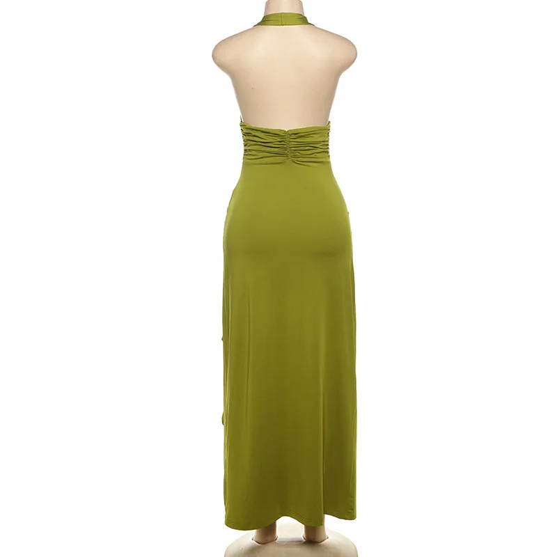 Vestido de fiesta plisado con flores en 3D para mujer, vestido de fiesta sin espalda, cinta Halter, abertura alta, verde gergeo, vestido de noche sin mangas