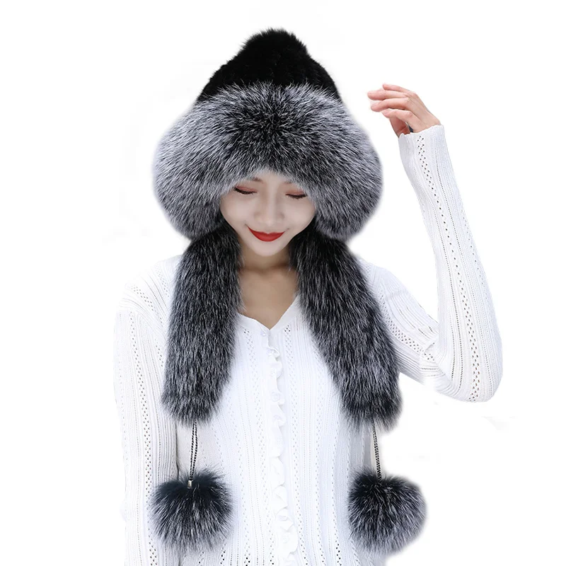 

Hot Sale Fashion Winter Warm Women Knit Caps Mink Hats With Fox Fur Vertical Woven Top Knitted Mink Fur Hat