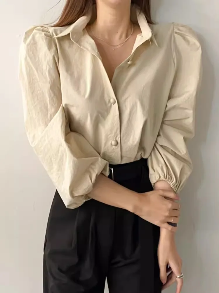 Chic Spring Faion Lightweight Bubble Sve Turn-down Collar Versatile Single-button Women's irt Commute Sle Pure Color