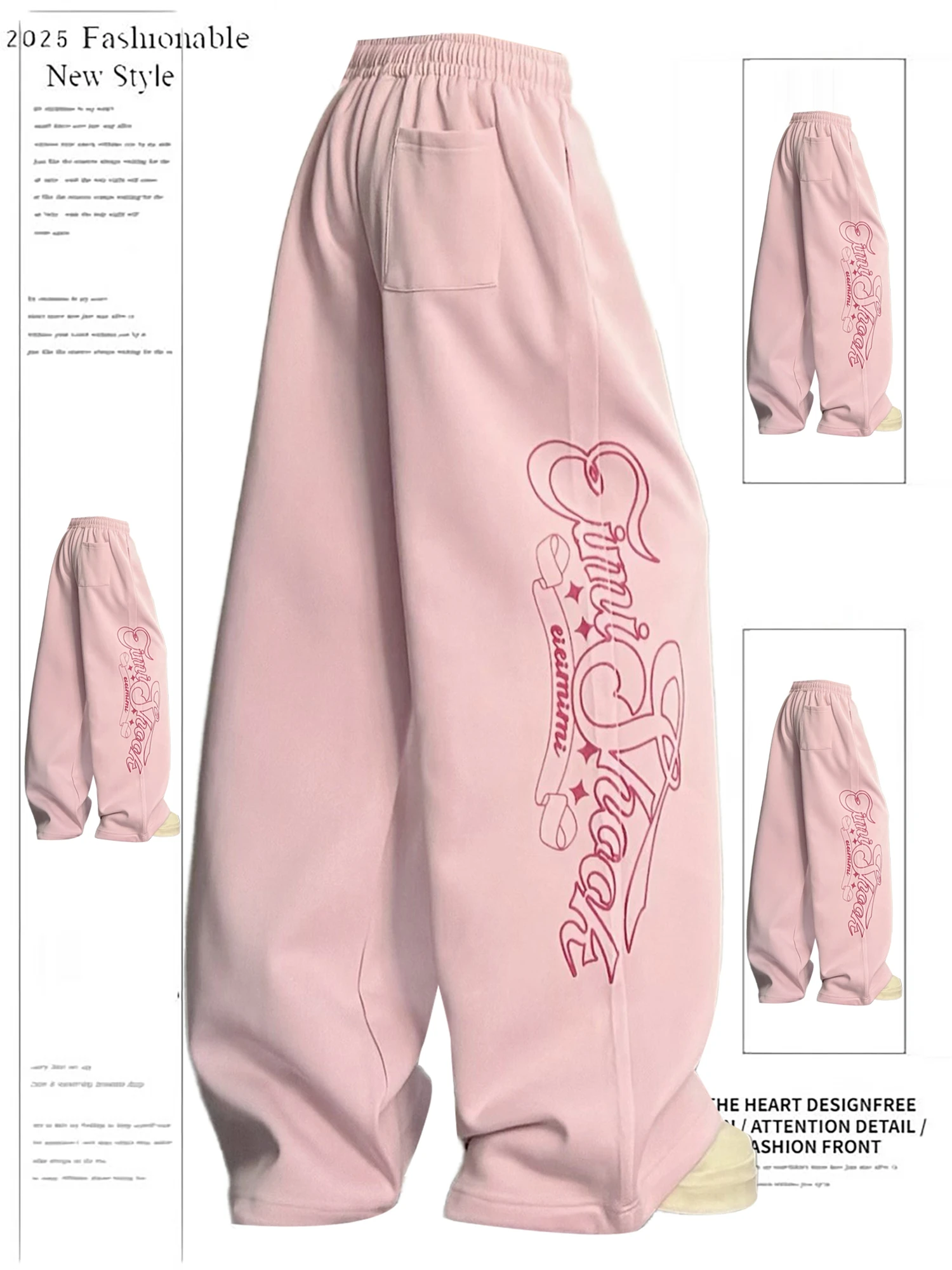 

Y2K Women's Pink Wide Leg Sweatpants 2025 New Fashion Letter Print Drawstring Waist Casual Streetwear Trousers