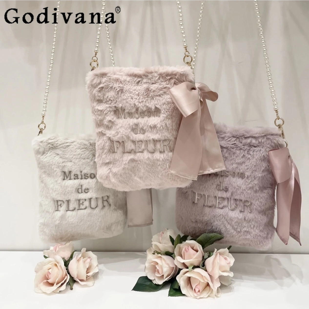 Japanese 2024 Autumn and Winter Fluffy Messenger Bags Women's Sweet Cute Fluffy Pearl Chain Bow Mini Female Girls Shoulder Bags