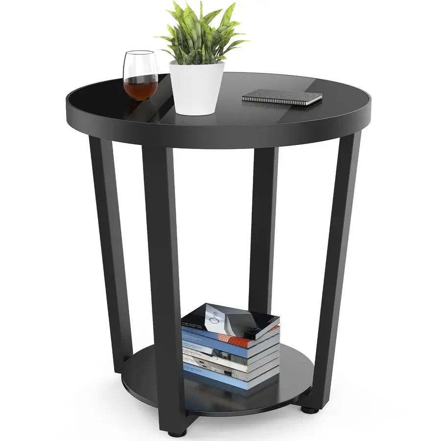 

Round End Table, Tempered Glass End Table with Metal Frame, Small Coffee Table, Black Sofa Side Table for Living Room, Balcony,