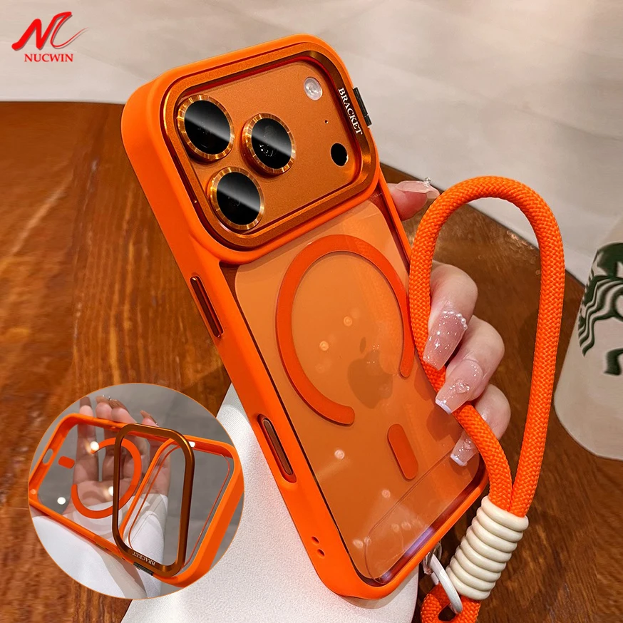 حامل كاميرات مراقبة عالي الجودة Magsafe حافظة لهاتف آيفون 17 برو ماكس حزام معصم هوائي غطاء فيلم عدسة لهاتف آيفون 16 15 14 Plus 11 12 13 Pro Max