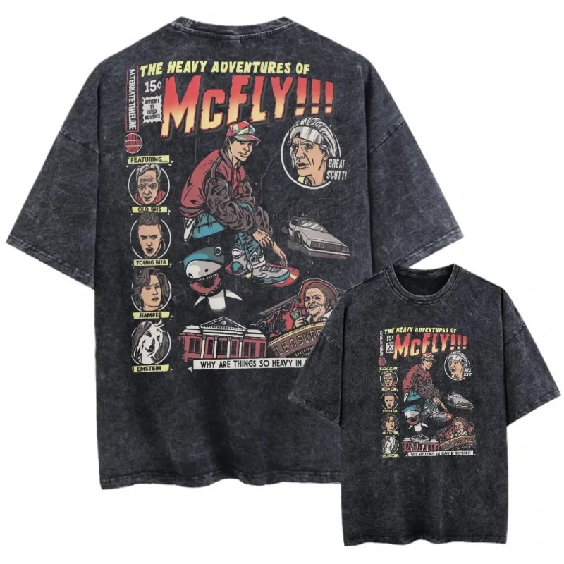 Camiseta Negra Extra Grande para Hombre con Lavado Vintage, Inspirada en Marty McFly de Regreso al Futuro