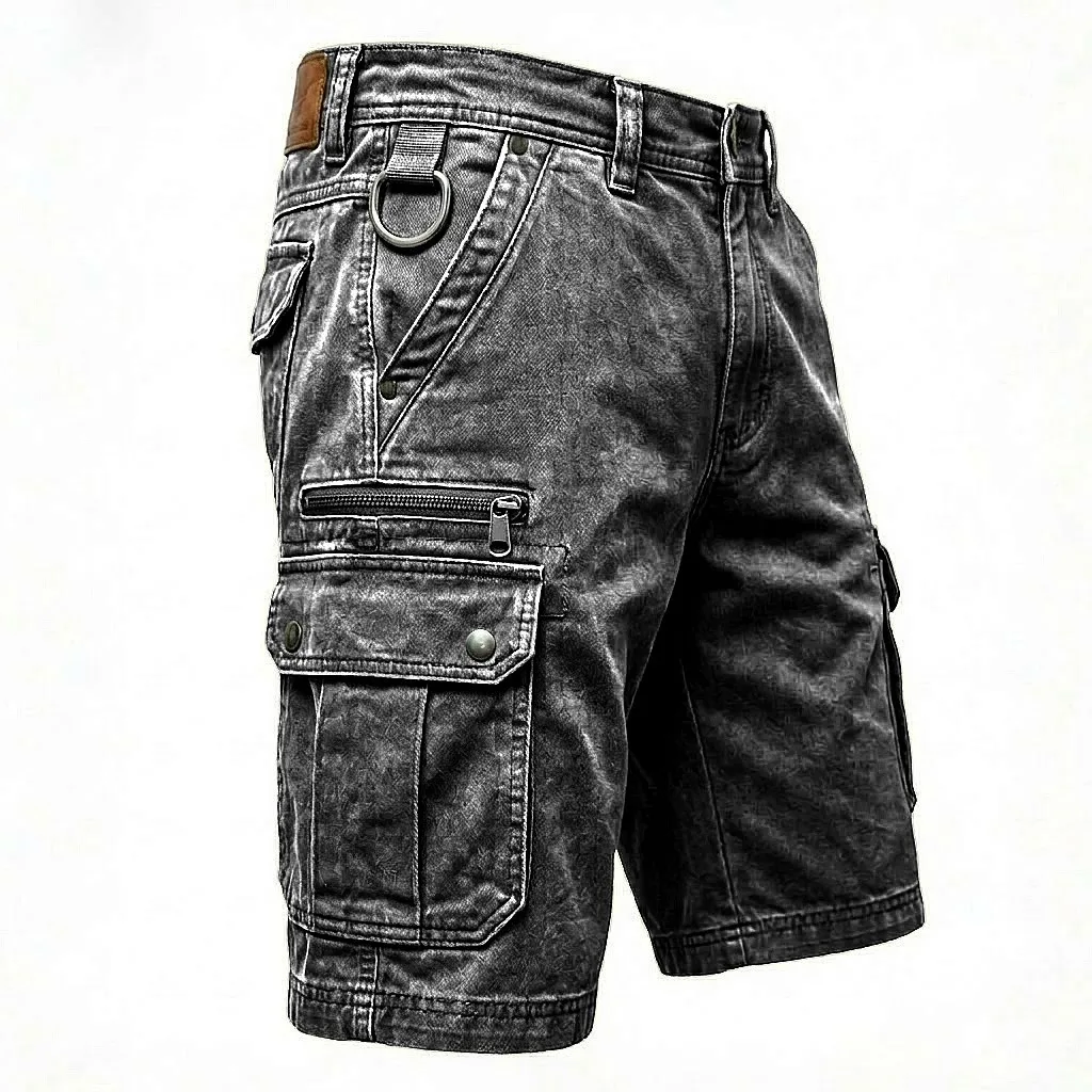 Men's Summer Denim Shorts Olive Green Multi Pocket Jean Shorts Khaki Cargo Shorts Grey Brown Leather Patch Cotton Streetwear