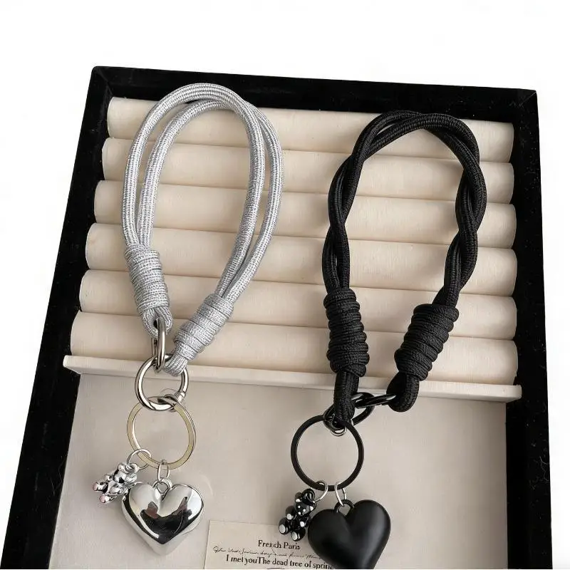 1 Stück Silber-Schwarzer Herzförmiger Bären-Anhänger für Mobiltelefone, Niedliches Handy-Armband mit Bindeschnur – Detail 3
