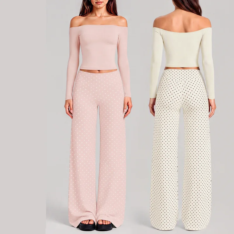 2PCS Womens Polka Dot Yoga Outfit One Shoulder Slim Long Sleeve Top High Waist Dotted Straight Leg Pants Training Sports Workout