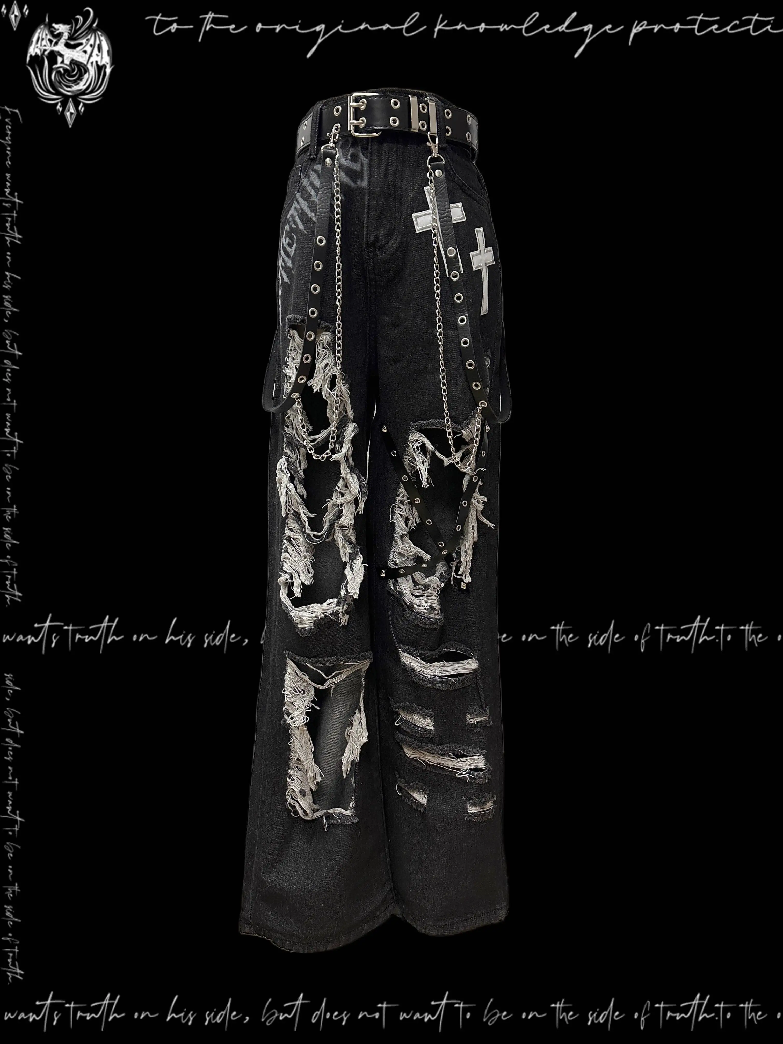 Jeans punk gotici Jeans estivi neri invecchiati Y2K Street Style Patchwork Panel Pantaloni a gamba larga dritti a vita alta per le donne