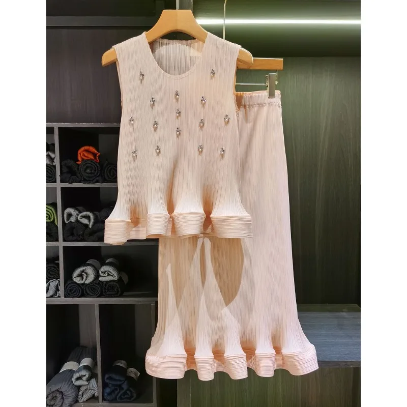 Miyake Pleated Skirt Set Plisse Women 2026 Summer New Sleeveless Top Ruffled Hem+Large Hem Skirt 2-Piece Set Slim  Age-Reducing