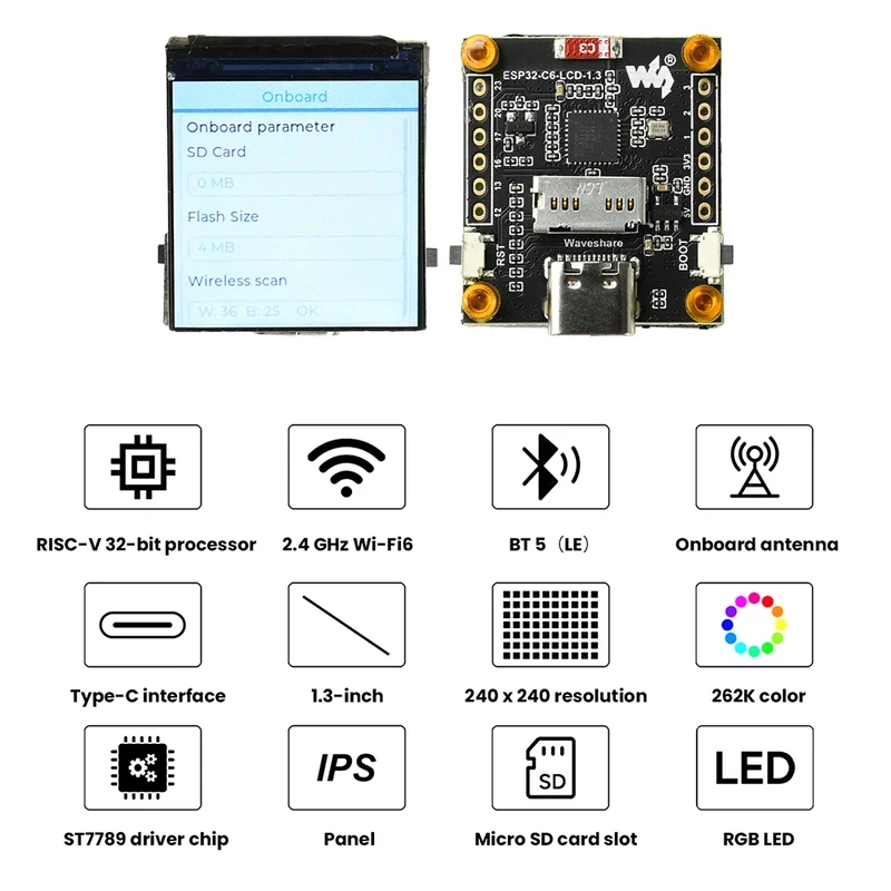 ESP32-C6 1.3-Inch LCD Display ST7789 WIFI Development Board 240x240 Resolution Single Core Processor Type C