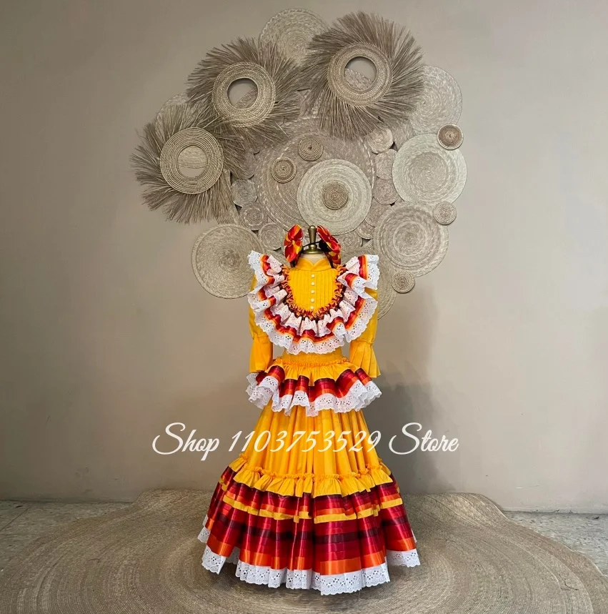 Customized Mexican Folk Flower Girl Dress Long-Sleeved White Lace Trim Carnival Cultural Dance Performances Birthday Dress 2026