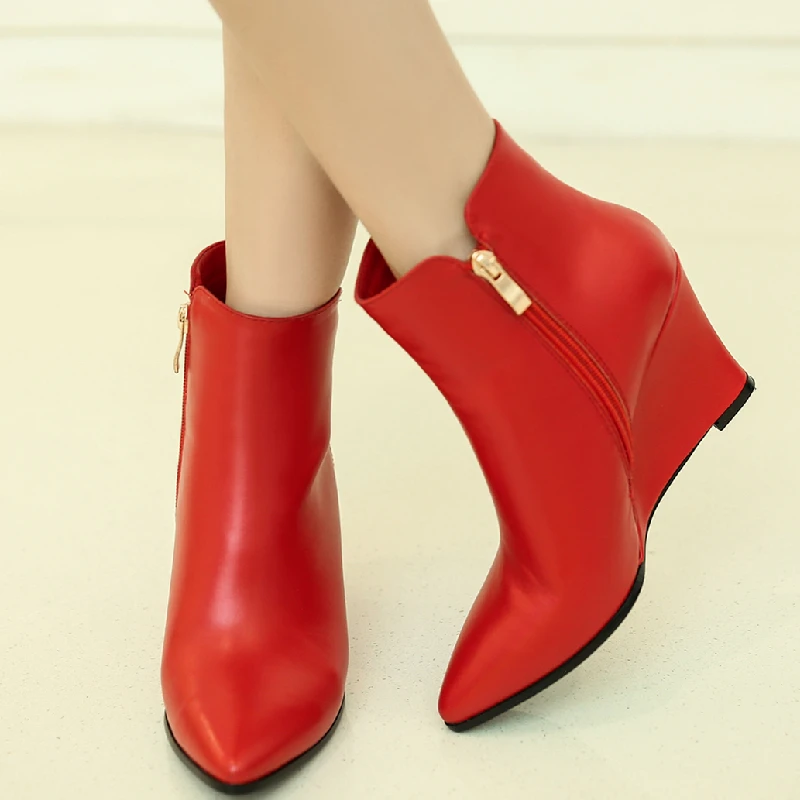 

Wedge Ankle Boots Women Shoes Winter Autumn Genuine Leather Black Green Red Women's Short Boots Sexy Wedge Shoes Female Elegant