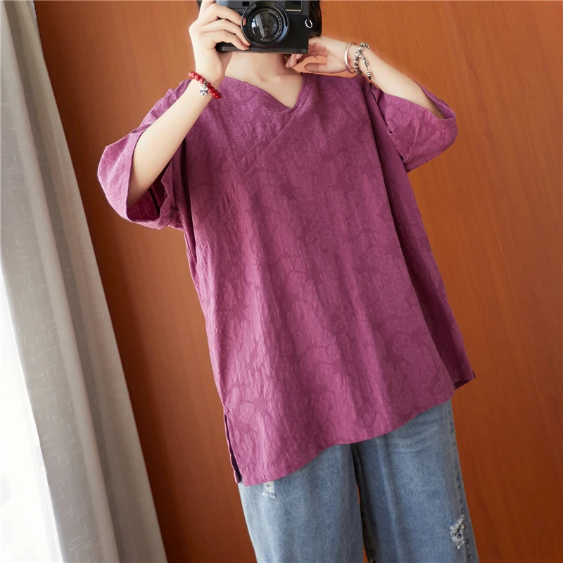 Estate 2025 taglie forti da donna in cotone e lino ricamato con stampa floreale Top V-Ne T-shirt dimagrante Copri pancia Versatile Casual...