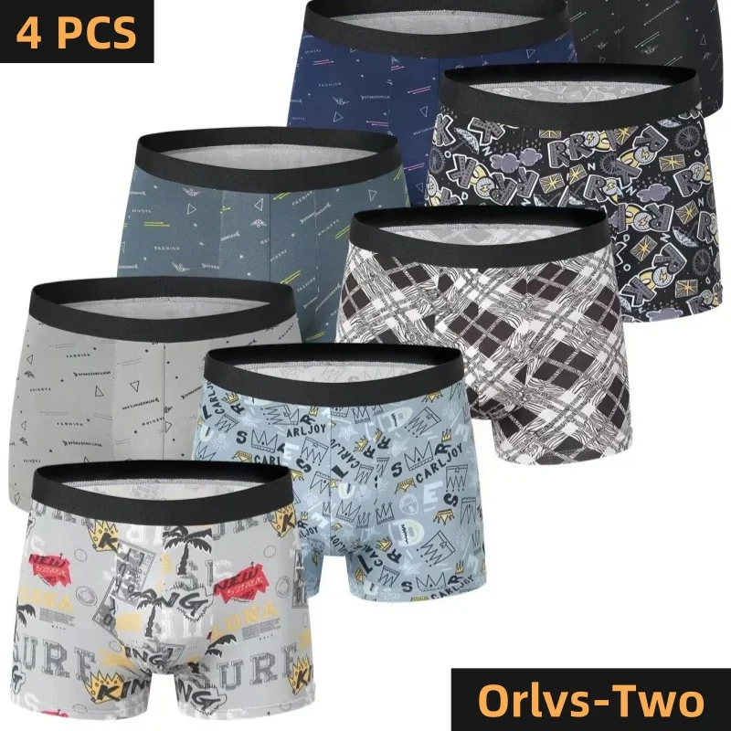 4 PCS/Lot Men Panties Striped Printing Student Quick Drying Underwear Boxers Sexy U Convex Breathable European and American Size