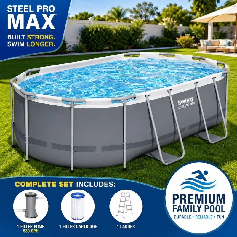 Piscina elevada ovalada Bestway Steel Pro MAX de 14 pies x 8.2 pies x 39.5 pulgadas con bomba de filtro de 530 GPH, escalera y revestimiento Tritech duradero.