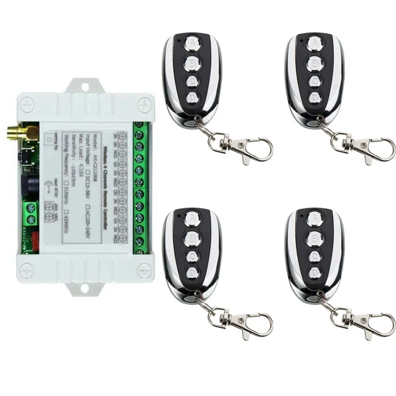

Smart MultipleDC 12V 24V 36V 10A 433MHz 4 CH 4 Channel Wireless Relay RF Remote Control Switch Receiver + 4CH Metal Transmitter