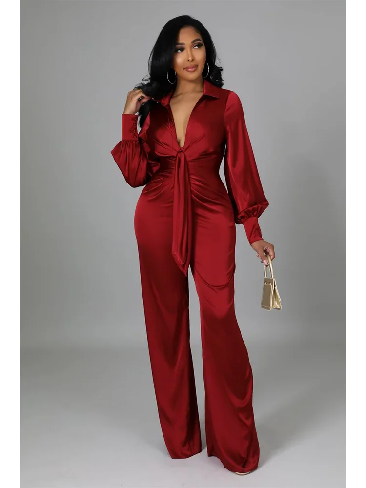 Sexy Women Satin Jumpsuit Long Sleeve Autumn Office Lady Turn Down Collar Solid Vintage Lantern Sleeve Fashion Romper Jumpsuit