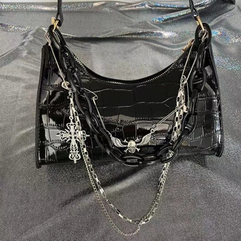 Gothic Dark Punk Unterarmtasche mit Totenkopf Umhängetasche Y2k Kette Krokodilmuster Umhängetasche Koreanische beliebte ästhetische Taschen – Detail 13