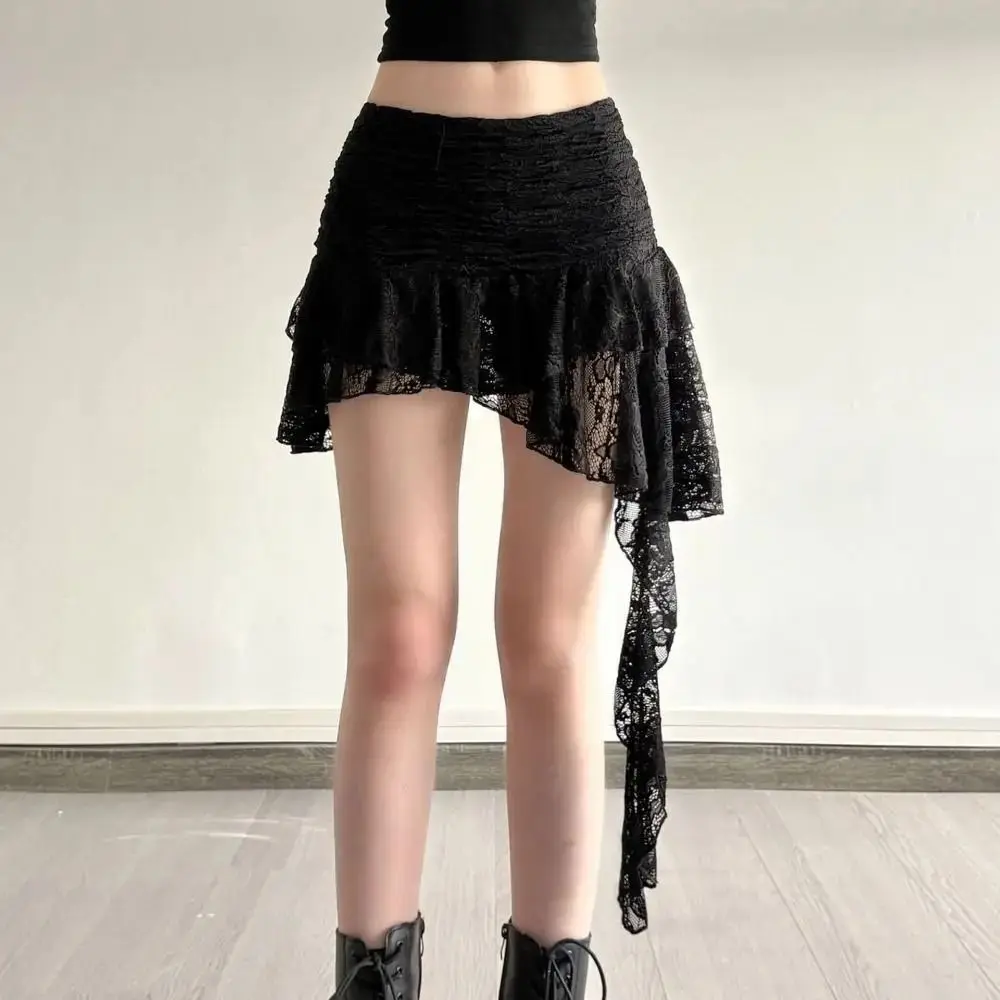 Soft Lace Irregular Puffy Cake Skirt Women High Waist Textured Lace Velvet Short Skirt Ribbon Ruffle a-Line Short Skirt Women