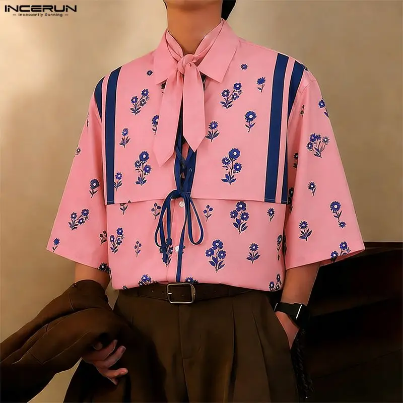 

INCERUN Men's Shirt Flower Print Patchwork Lapel Half Sleeve Men Clothes Streetwear Lace Up Fashion Casual Tops For Man Shirts