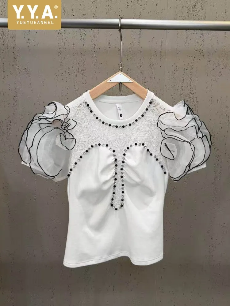 

Fashion Puff Short Sleeve Women New Summer Casual T Shirt Spliced Lace Diamonds Pearls Slim Fit O Neck Female Pullover Tees Top