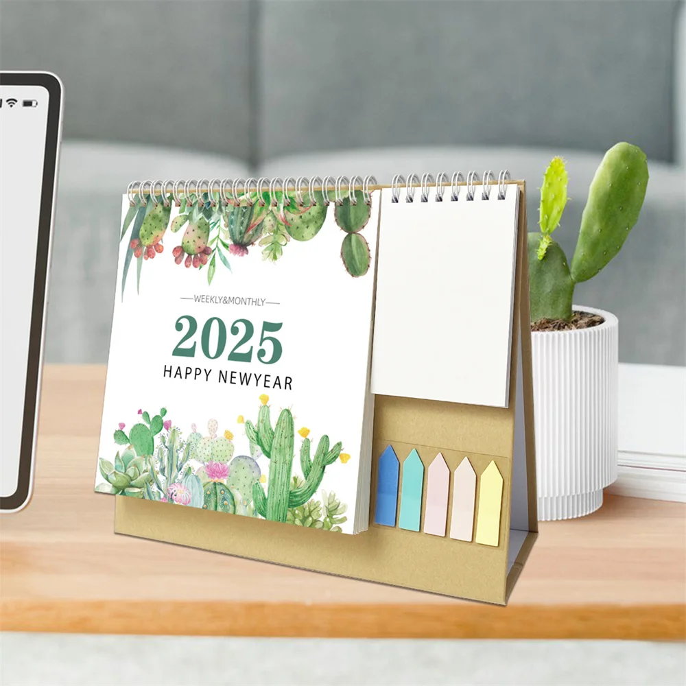 2025 English Desk Calendar With Pocket Notepad Labels Notes Monthly Schedule Planner Desktop Loose-Leaf Ring Calendar Ornaments